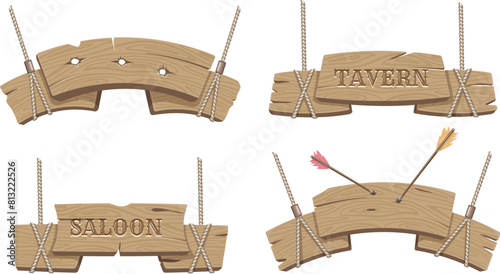 Cartoon wooden sign boards with ropes © vectortatu