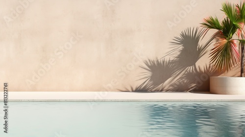 A pool with a palm tree in front of a wall