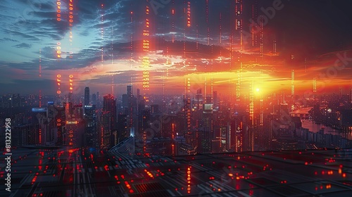 Future Financial Landscapes  Panoramic view of a modern cityscape with digital overlays of stock market data.