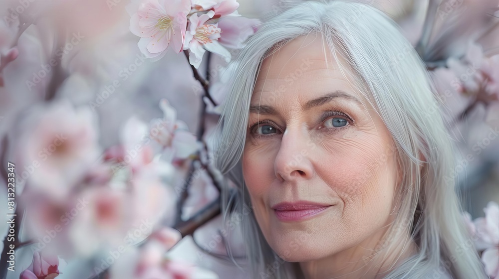graceful aging vertical closeup portrait of senior woman with silver hair and pink blossoms spring graceful aging vertical closeup portrait of senior woman with silver hair and pink blossoms spring