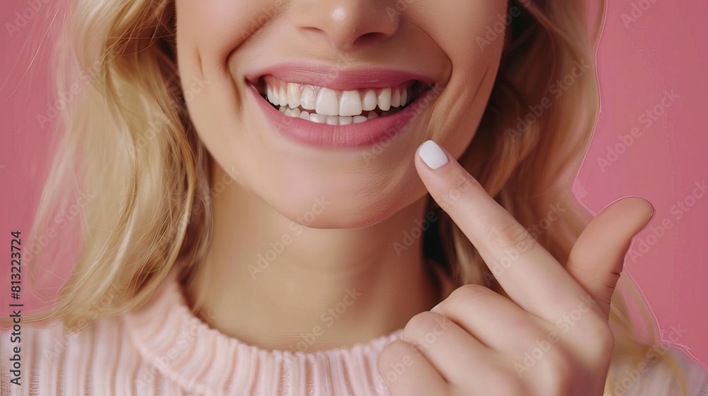 healthy gums closeup woman pointing finger at smile dental care concept healthy gums closeup woman pointing finger at smile dental care concept