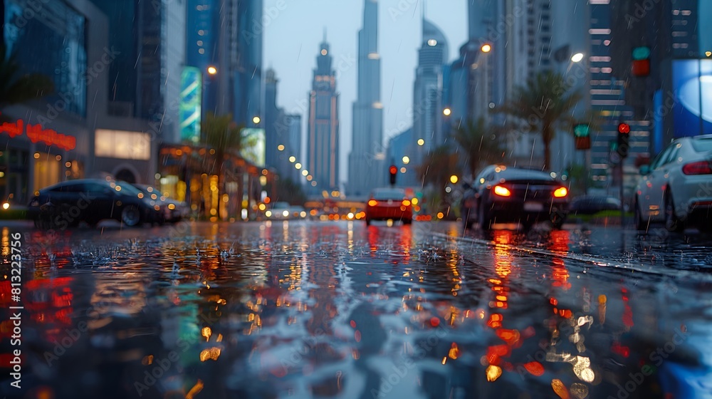 Fototapeta premium View Of The City Streets During Rain, A Beautiful View of Rain, Traffic and Flood, Vibrant Street View, Night View, Cars on Road