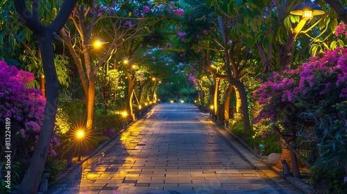 illuminated walkway at night with blooming flowers and lush trees enchanting landscape
