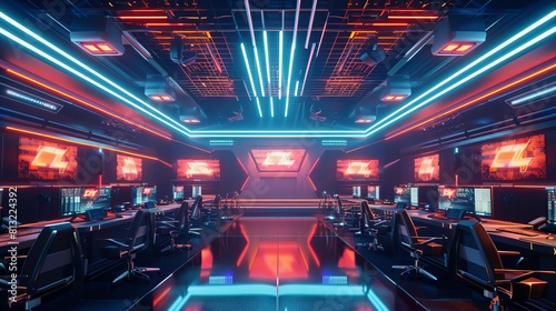 intense esports competition arena with dramatic lighting and futuristic design elements 3d illustration photo