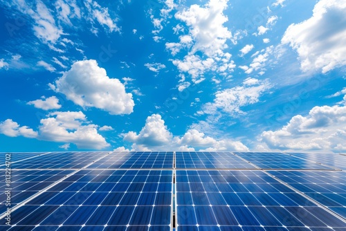 Panoramic view of solar panel against blue sky with copy space for text placement