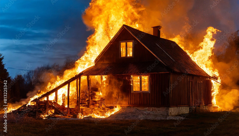 Wooden house or barn burning on fire at night. Wooden house or barn burning on fire at night.