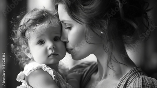 Portrait of a beautiful mother and her little daughter. Black and white photo. © Katsiaryna