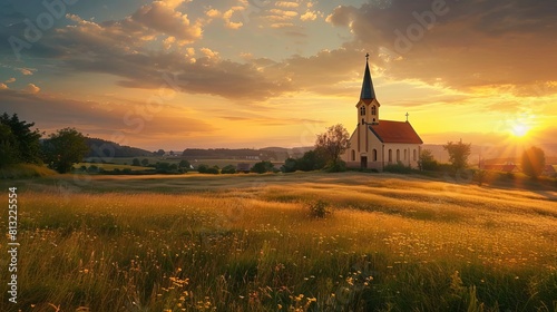 serene rural landscape with old church in meadow at sunset peaceful countryside scene