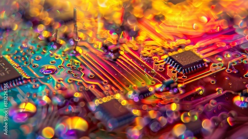 A colorful electronic board with many different colored components