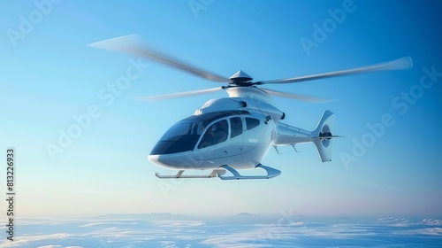 sleek modern helicopter flying through clear blue sky aerial transportation
