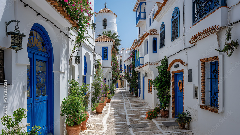 Fototapeta premium Street with white buildings and blue doors and windows on island country, vibrant airy scenes 