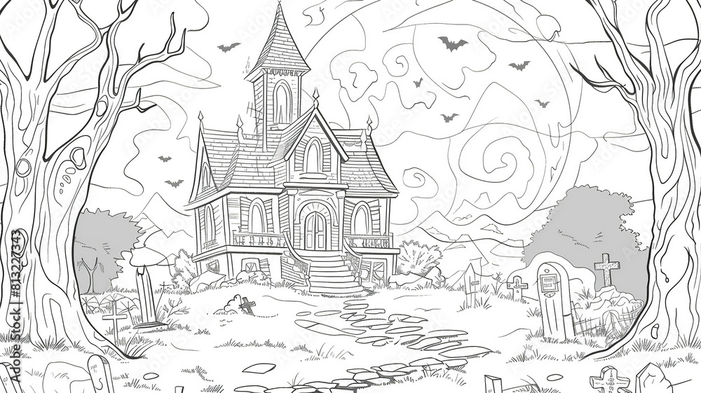 Scary Halloween coloring page with pumpkins, ghosts, bats and witches. Perfect for children and adults to enjoy. Scary Halloween coloring page with pumpkins, ghosts, bats and witches. Perfect for children and adults to enjoy.