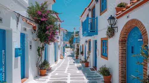 Street with white buildings and blue doors and windows on island country  vibrant airy scenes 