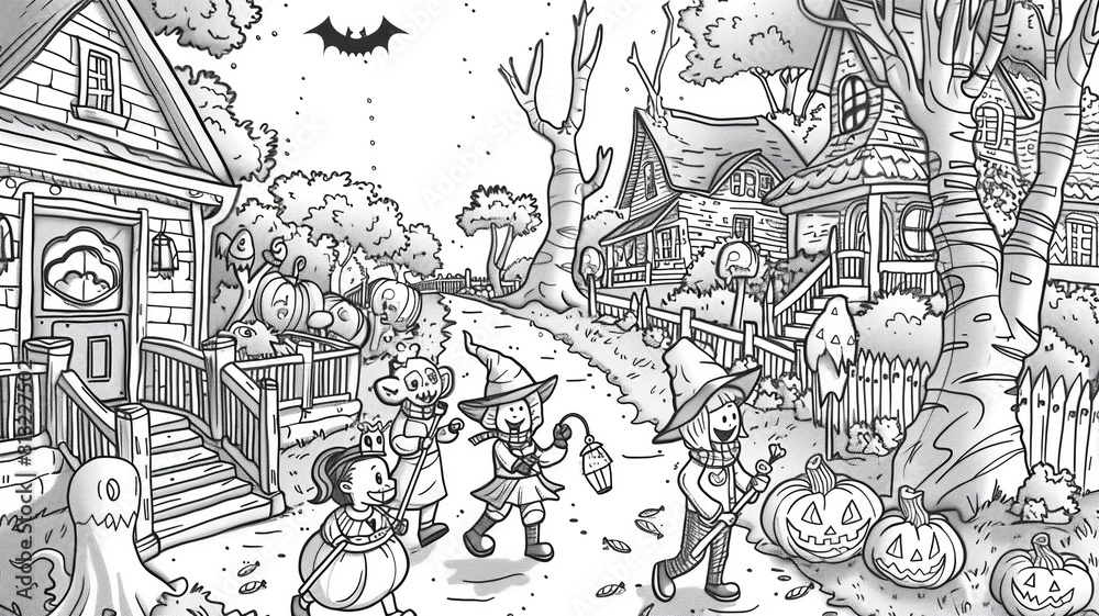 Fototapeta premium Scary Halloween coloring page with pumpkins, ghosts, bats and witches. Perfect for children and adults to enjoy.