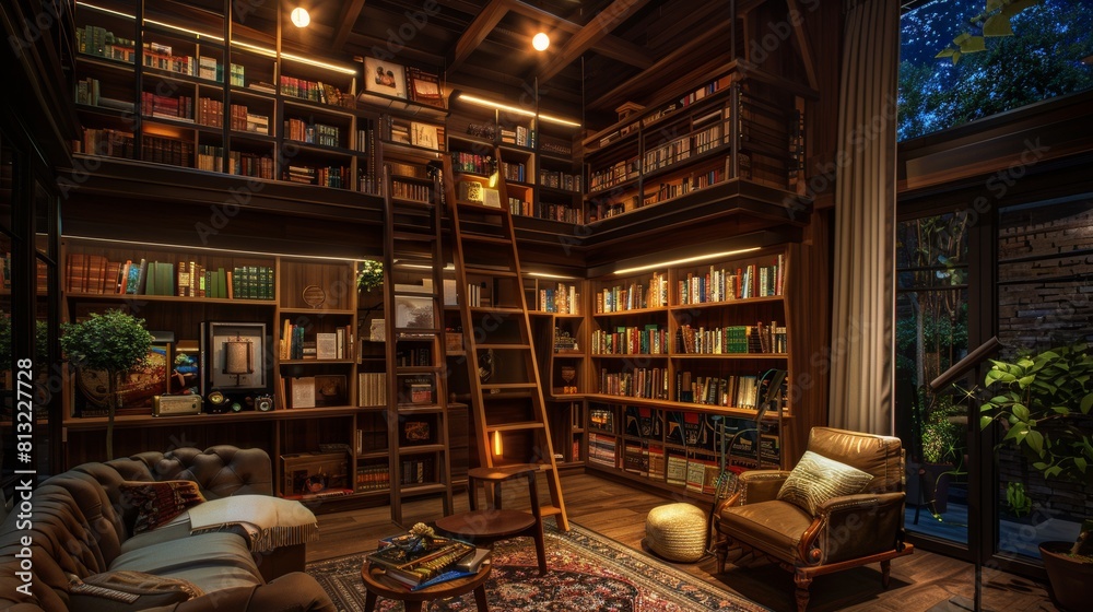 A cozy living room with a large bookcase and a ladder leading up to it