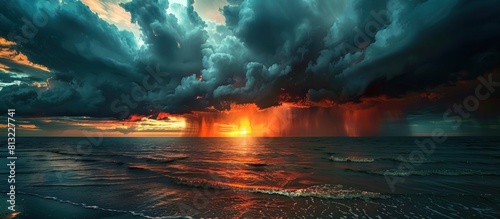 Dramatic view of sunset over the sea with stormy clouds and rain. generative AI image