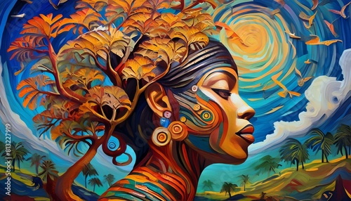 Vibrant portrait blending a woman's face with a tree and landscape.