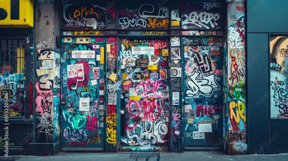 A door with graffiti on it and a sign on the wall
