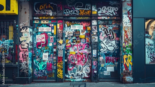 A door with graffiti on it and a sign on the wall