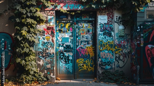 A door with graffiti on it and a sign on the wall