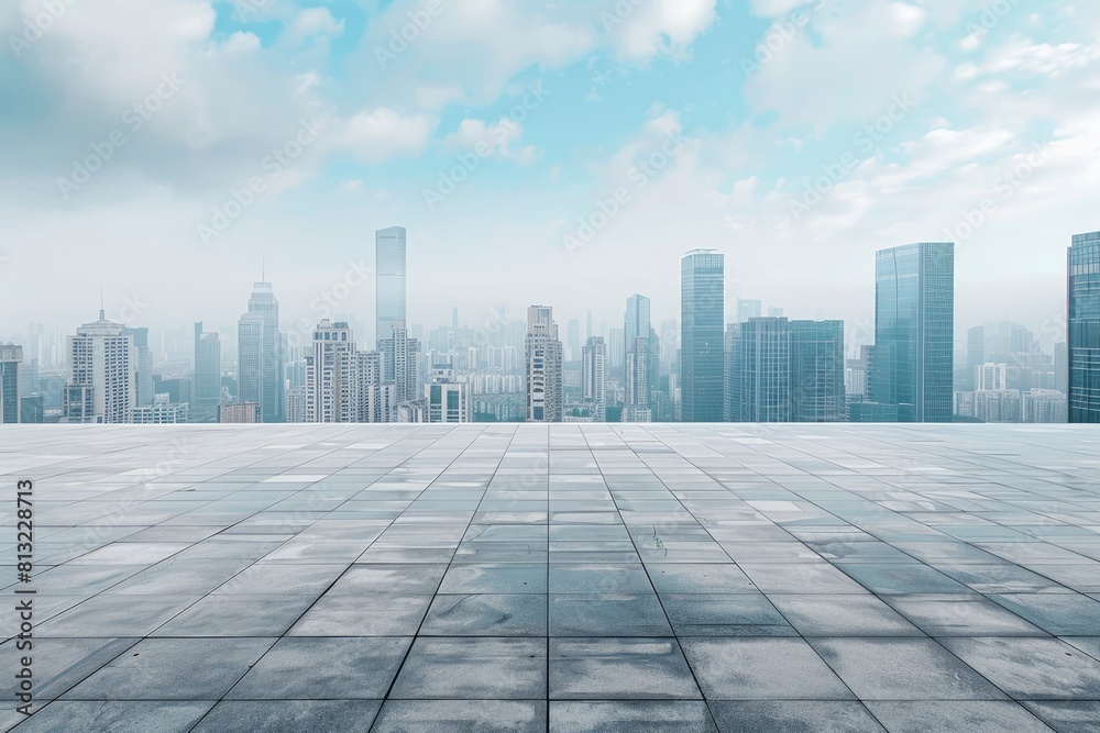 Empty square floor and city skyline with building background - generative ai Empty square floor and city skyline with building background - generative ai