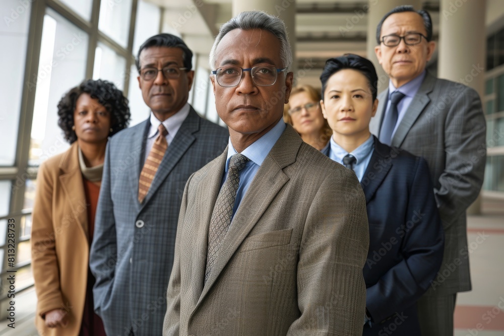 Group of diverse business people standing together in a line in an office Group of diverse business people standing together in a line in an office