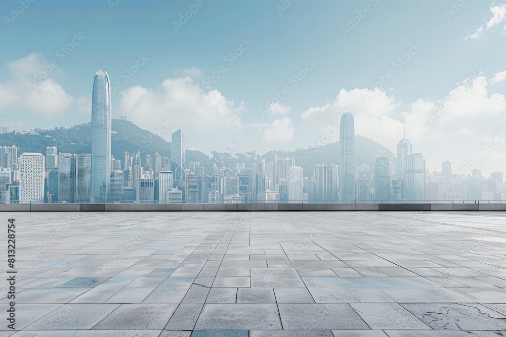 Empty square floor and city skyline with building background - generative ai Empty square floor and city skyline with building background - generative ai