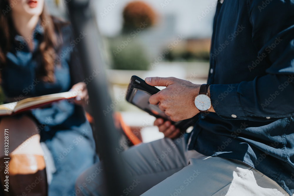 Fototapeta premium Partial view of businesspeople engaged in a discussion at an outdoor setting with one using a tablet.