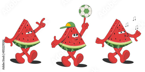 A set of cartoon groovy watermelon characters. Isolated on a white background. Elements for the summer design of prints, posters, postcards, stickers. Vector illustration.