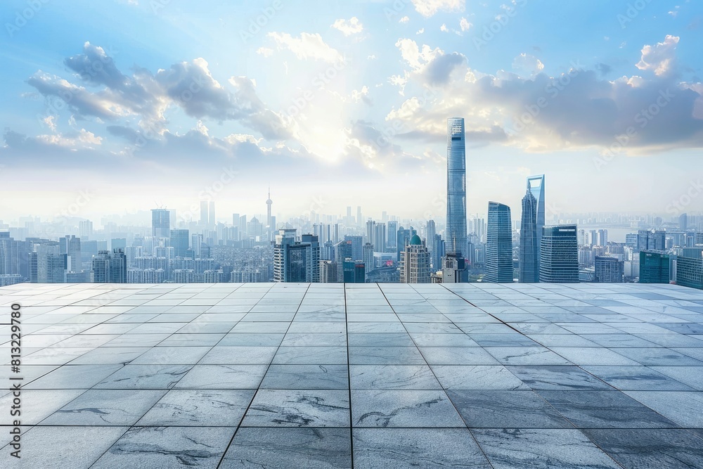 Empty square floor and city skyline with building background - generative ai Empty square floor and city skyline with building background - generative ai