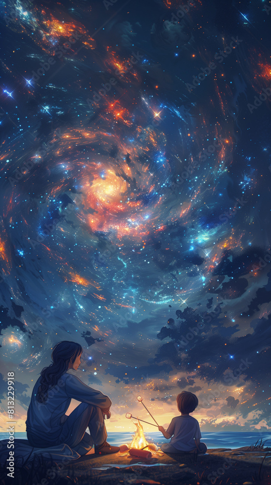 mother and child huddled together under a cozy blanket, sharing stories and laughter as they gaze up at the twinkling night sky. Camping in summer travel mother and child huddled together under a cozy blanket, sharing stories and laughter as they gaze up at the twinkling night sky. Camping in summer travel