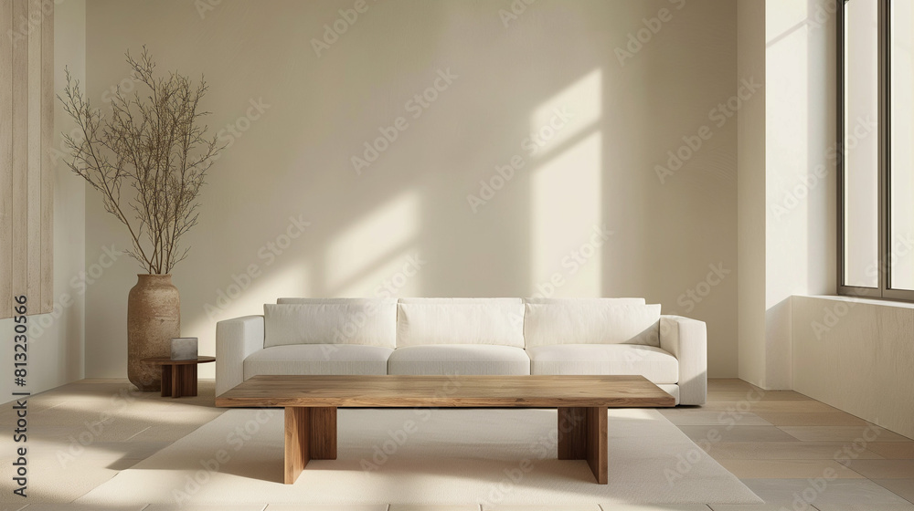 Minimalist living room with a wooden table and white sofa, clean lines and natural light Minimalist living room with a wooden table and white sofa, clean lines and natural light