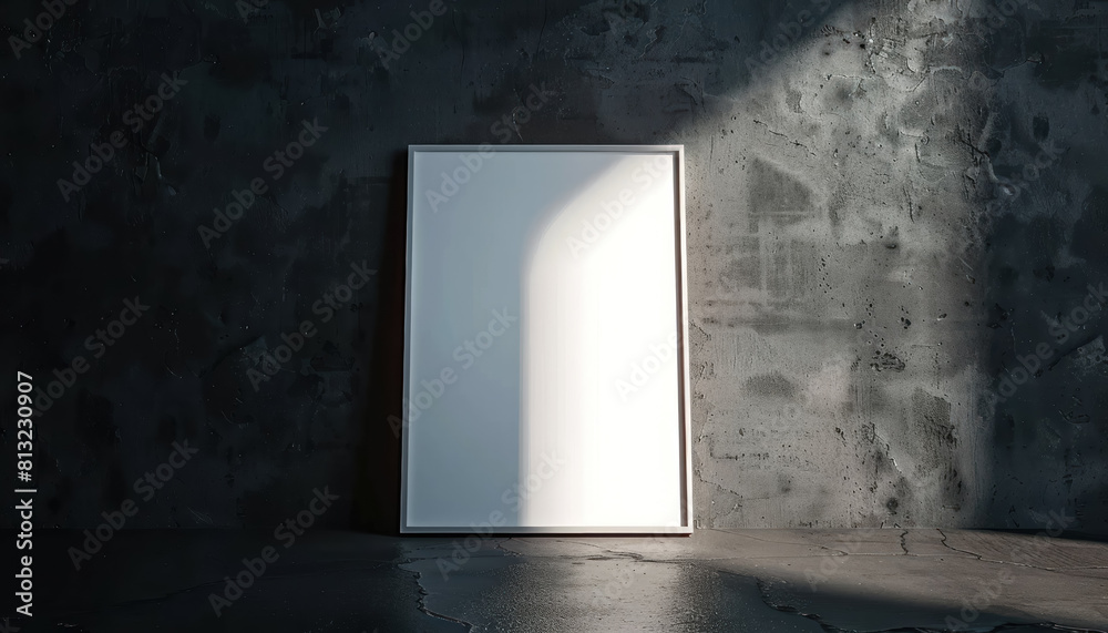 minimalist white framed poster on a sunlit wall with deep shadows, for mockup minimalist white framed poster on a sunlit wall with deep shadows, for mockup