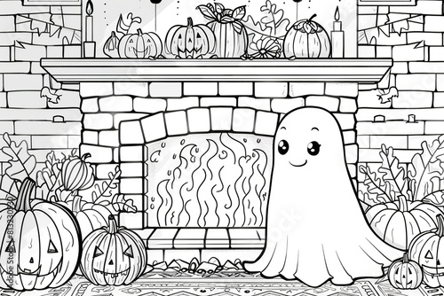 Scary Halloween coloring page with pumpkins, ghosts, bats and witches. Perfect for children and adults to enjoy.