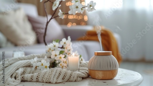Cozy interior with knitting  burning candles and aroma perfume diffuser in the living room. Home comfort  coziness  aromatherapy.