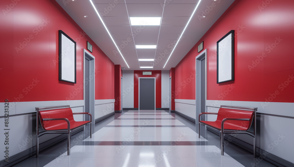 empty hospital corridor with red walls and bright white blank displays for your mockup empty hospital corridor with red walls and bright white blank displays for your mockup