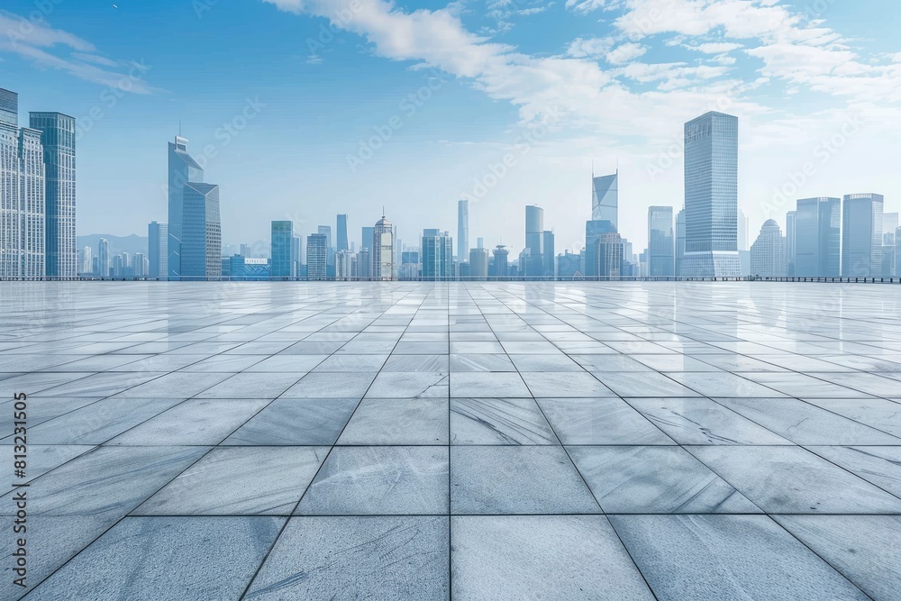 Empty square floor and city skyline with building background - generative ai Empty square floor and city skyline with building background - generative ai