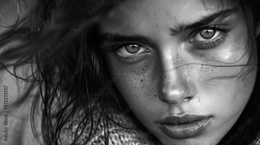 striking black and white portrait of young woman with captivating gaze ai generated panoramic photograph striking black and white portrait of young woman with captivating gaze ai generated panoramic photograph