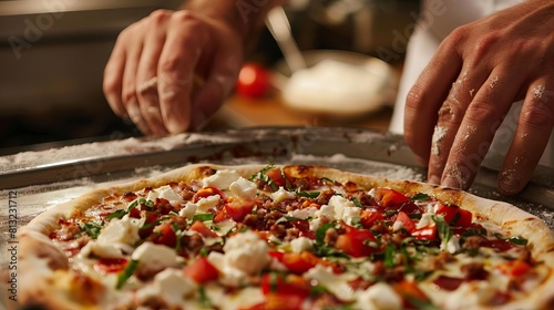 strategic pizza topping arrangement by skilled hands food photography