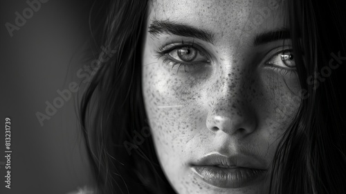 striking black and white portrait of young woman with captivating gaze ai generated panoramic photograph