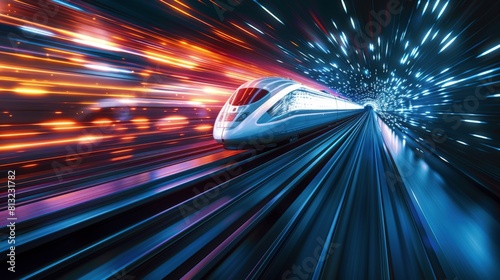 A high-speed train races through a tunnel, illuminated by a stunning light display of red and blue, emphasizing speed and modernity.