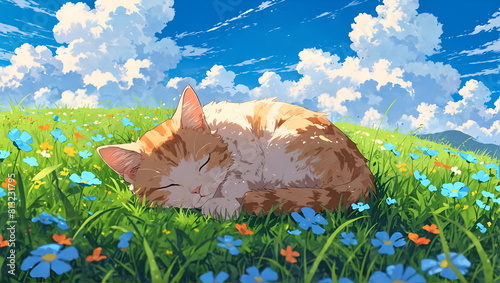 Cute cartoon illustration of an orange cat sleeping on the green flower grass.