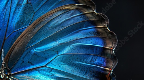 stunning closeup of vibrant blue morpho butterfly wings on black background insect macro photography photo