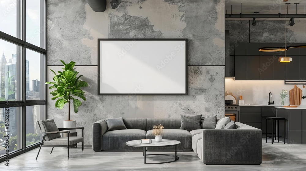 stylish modern living room interior with blank poster on concrete wall and kitchen 3d rendering stylish modern living room interior with blank poster on concrete wall and kitchen 3d rendering