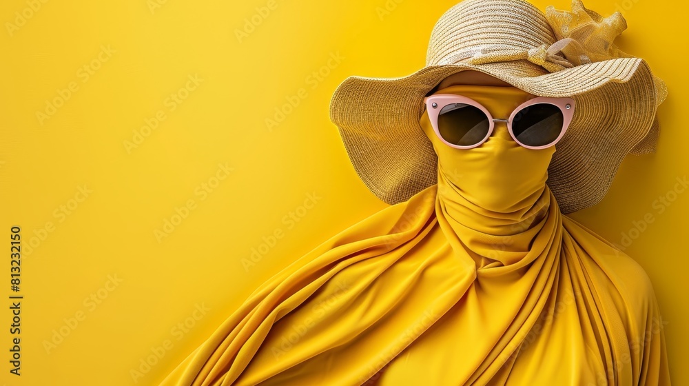 Fototapeta premium Summer beach vibes yellow towel, sunglasses, and hat on matching background with copy space