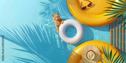A cat enjoying a summer vacation floats in a pool with a yellow float, relaxing in the water