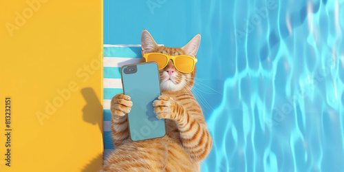 A cat wearing sunglasses holds a phone next to a pool on a sunny day