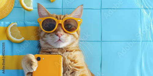 A cat wearing sunglasses, standing with a phone in its paw under the summer sun