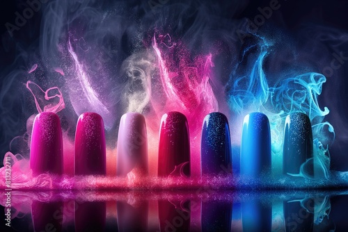 Nail polish in water with blue and purple splashes and smoke
