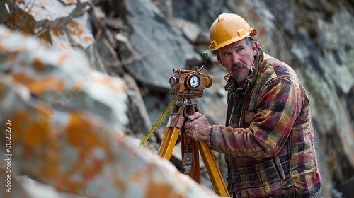 A man in a yellow hard hat is standing next to a metal tripod photo
